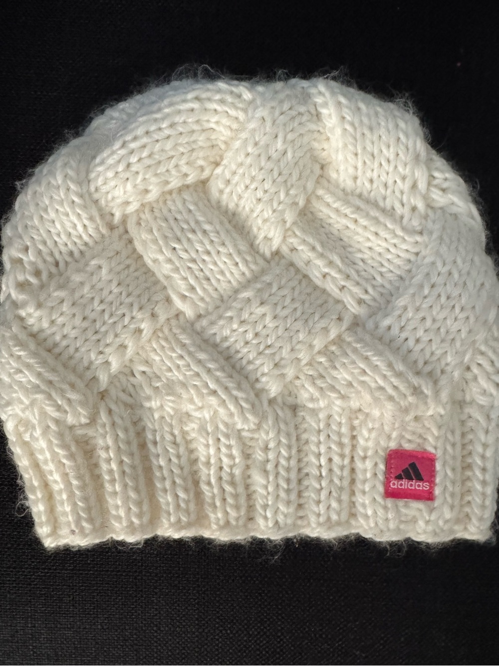 adidas Kids Cream Cable Knit Beanie with Pink Logo Patch